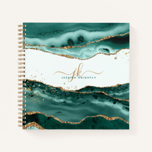 Turquoise Agate Gold Glitter Script Monogram Notebook