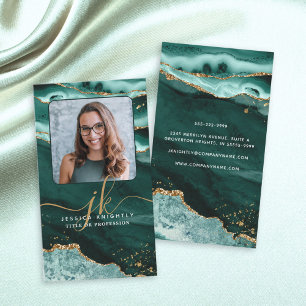 Turquoise Agate Gold Glitter Script Monogram Photo Business Card