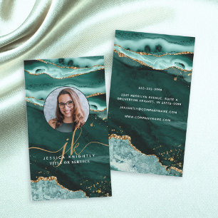 Turquoise Agate Gold Glitter Script Monogram Photo Business Card