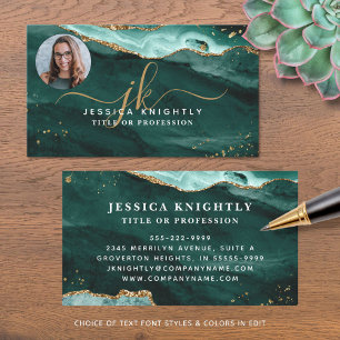 Turquoise Agate Gold Glitter Script Monogram Photo Business Card