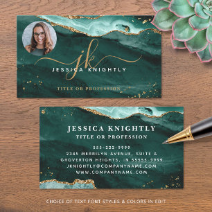 Turquoise Agate Gold Glitter Script Monogram Photo Business Card