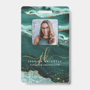 Turquoise Agate Gold Glitter Script Monogram Photo ID Badge
