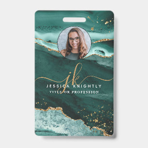 Turquoise Agate Gold Glitter Script Monogram Photo ID Badge