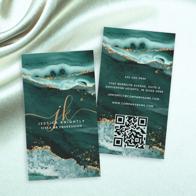 Turquoise Agate Gold Glitter Script Monogram QR Business Card (Creator Uploaded)