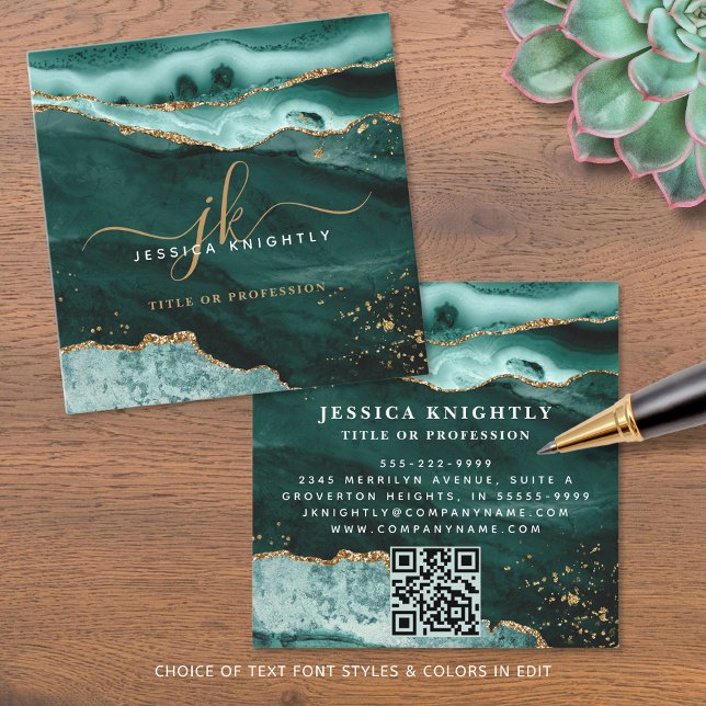 Turquoise Agate Gold Glitter Script Monogram QR Square Business Card (Creator Uploaded)