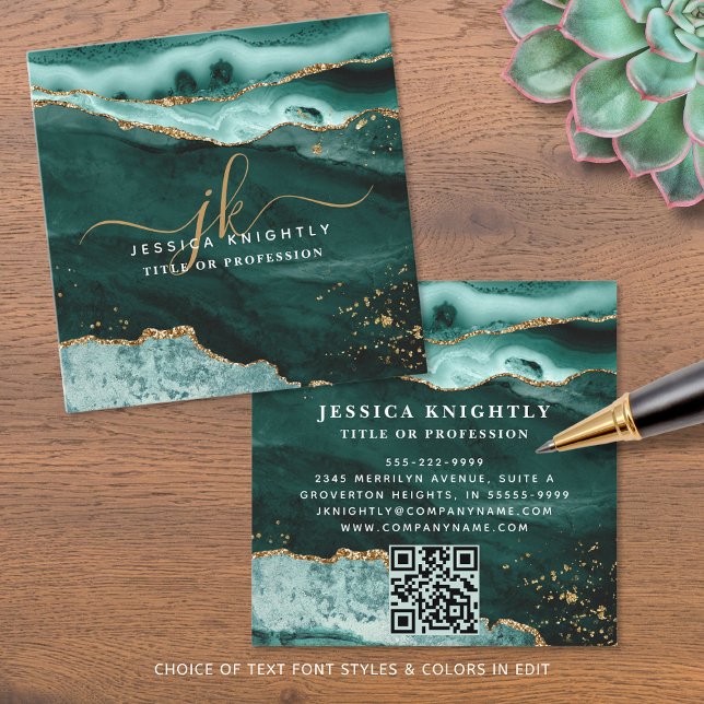 Turquoise Agate Gold Glitter Script Monogram QR Square Business Card (Creator Uploaded)