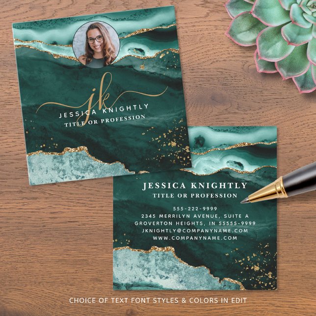 Turquoise Agate Gold Glitter Script Photo Square Business Card (Creator Uploaded)