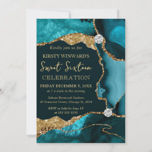 Turquoise Agate & Gold Glitter Sweet Sixteen Invitation