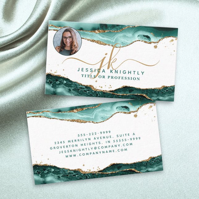 Turquoise Agate Gold Script Monogram Photo Business Card (Creator Uploaded)