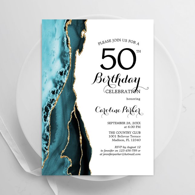 Turquoise Agate Gold White 50th Birthday Invitation (Creator Uploaded)