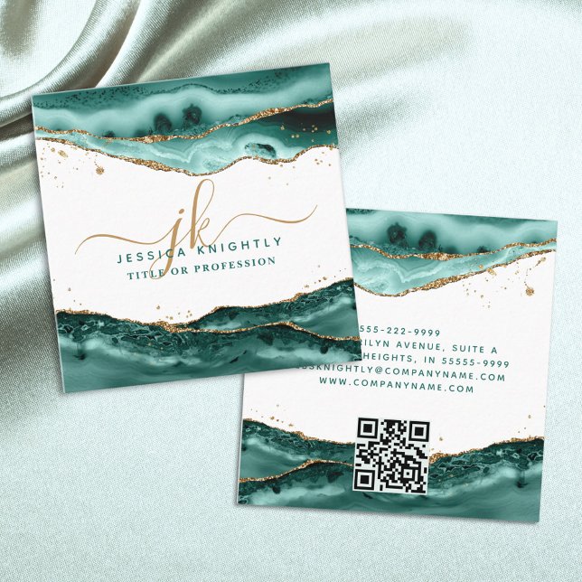 Turquoise Agate Script Monogram Gold Glitter Square Business Card (Creator Uploaded)