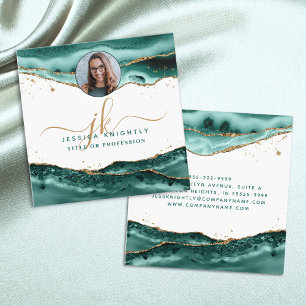 Turquoise Agate Script Monogram Photo Square Business Card