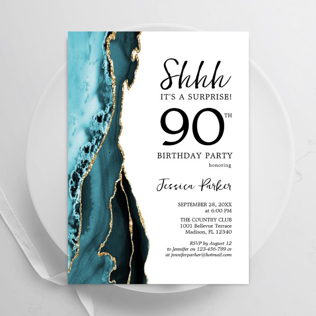 Turquoise Agate White Gold Surprise 90th Birthday Invitation (Creator Uploaded)