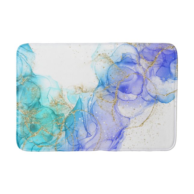 Turquoise Alcohol Ink Watercolor and Gold Bath Mat (Front)