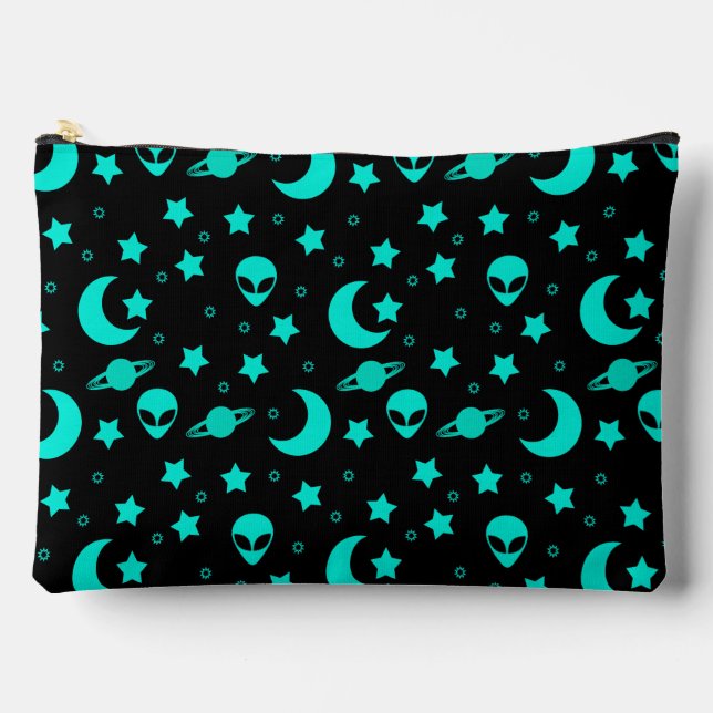 Turquoise Alien Pattern with Stars and Moons Accessory Pouch (Front)