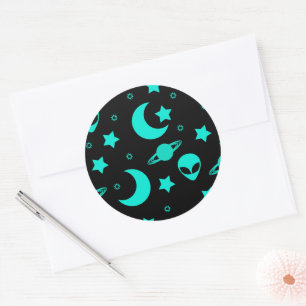 Turquoise Alien Pattern with Stars and Moons Classic Round Sticker