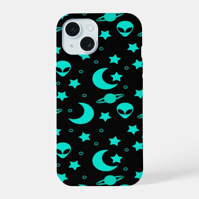 Turquoise Alien Pattern with Stars and Moons iPhone 15 Case (Back)