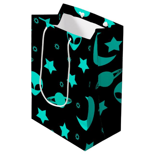 Turquoise Alien Pattern with Stars and Moons Medium Gift Bag (Front Angled)