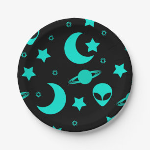 Turquoise Alien Pattern with Stars and Moons Paper Plate