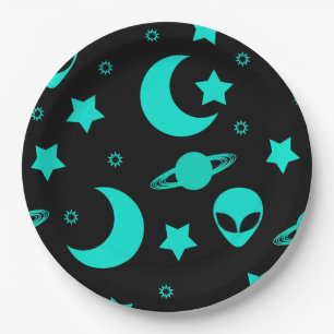 Turquoise Alien Pattern with Stars and Moons Paper Plate