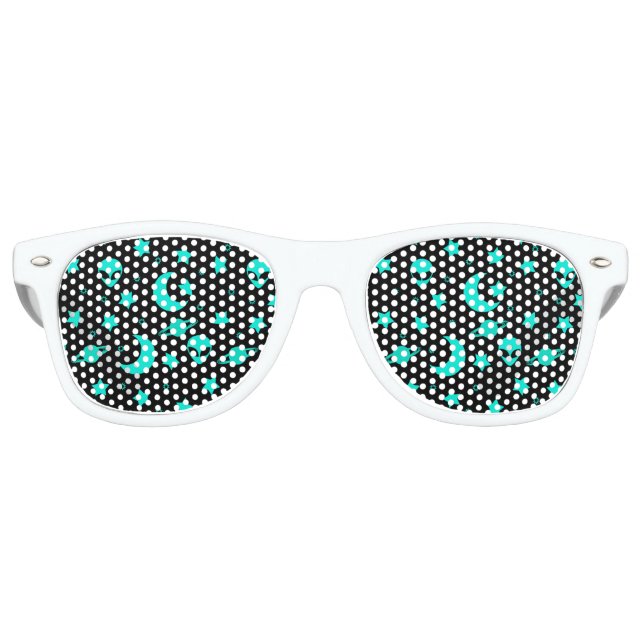 Turquoise Alien Pattern with Stars and Moons Retro Sunglasses (Front)