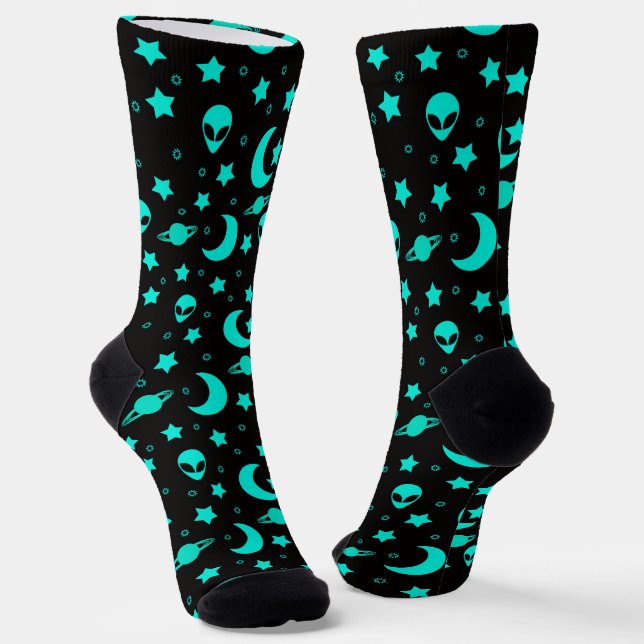 Turquoise Alien Pattern with Stars and Moons Socks (Angled)