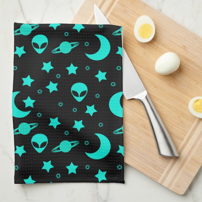 Turquoise Alien Pattern with Stars and Moons Tea Towel (Quarter Fold)