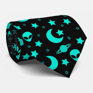 Turquoise Alien Pattern with Stars and Moons Tie
