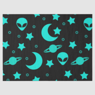 Turquoise Alien Pattern with Stars and Moons Tissue Paper