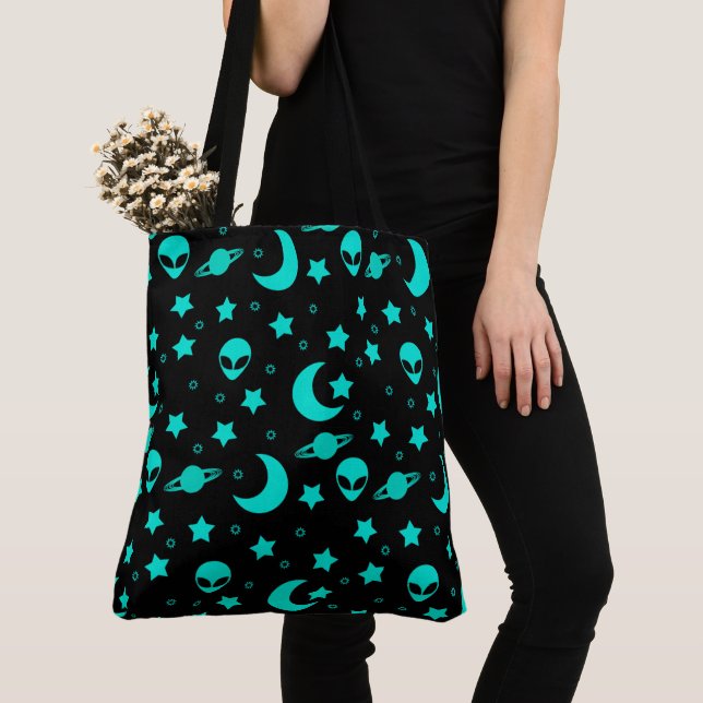 Turquoise Alien Pattern with Stars and Moons Tote Bag (Close Up)