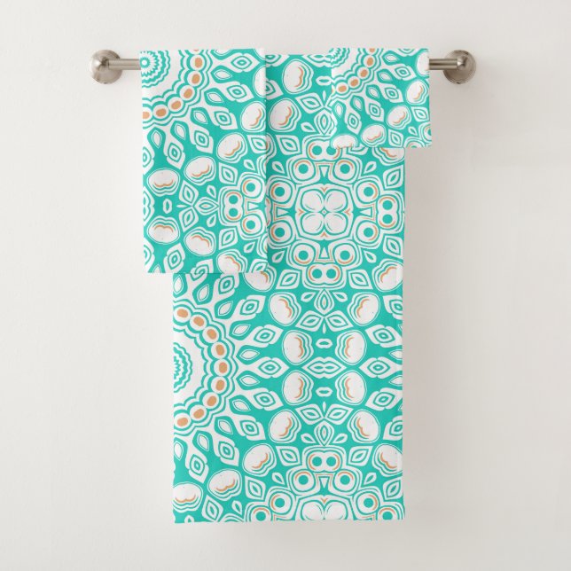 Turquoise and Beige Ocean Mandala Pattern Bath Towel Set (Insitu)