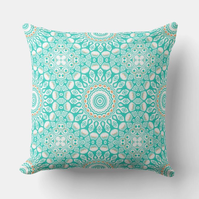 Turquoise and Beige Ocean Mandala Pattern Cushion (Front)