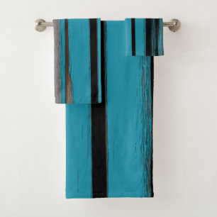 Turquoise And Black - Abstract Art Stripes Bath Towel Set
