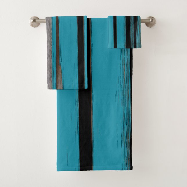 Turquoise And Black - Abstract Art Stripes Bath Towel Set (Insitu)