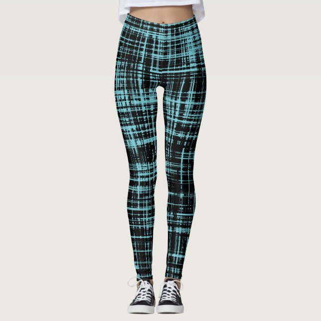 Turquoise and Black Abstract Stripe Pattern Leggings (Front)