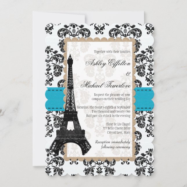 Turquoise and Black Damask Eiffel Tower Wedding Invitation (Front)