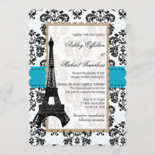 Turquoise and Black Damask Eiffel Tower Wedding Invitation