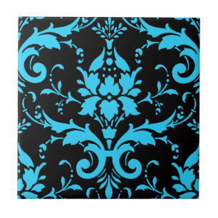 Turquoise and Black Damask Matching Kitchen Tile
