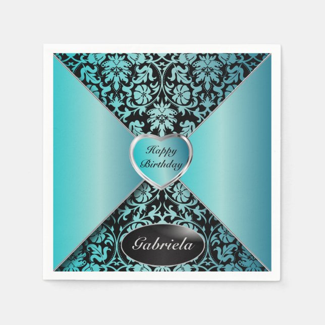 Turquoise and Black Damask Napkin (Front)
