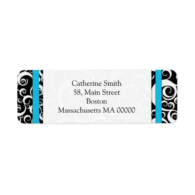 Turquoise and Black Damask Swirls Address Labels (Front)