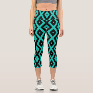 Turquoise and black diamond pattern capri leggings