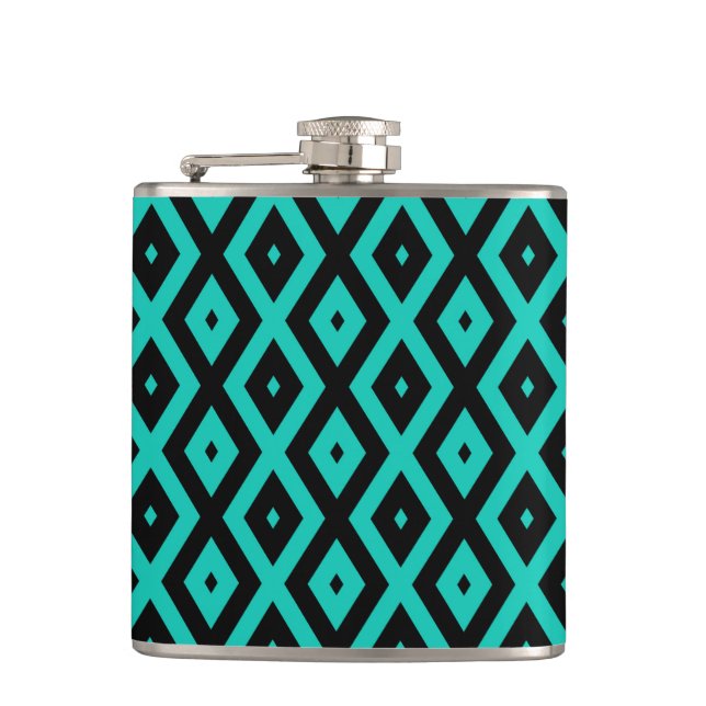 Turquoise and black diamond pattern hip flask (Front)