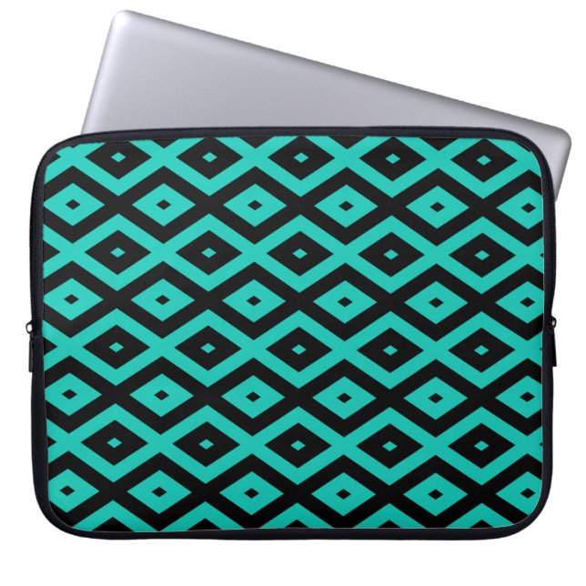 Turquoise and black diamond pattern laptop sleeve (Front)