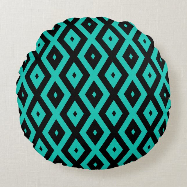 Turquoise and black diamond pattern round cushion (Front)