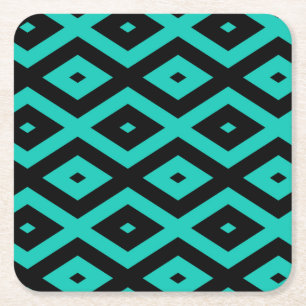 Turquoise and black diamond pattern square paper coaster