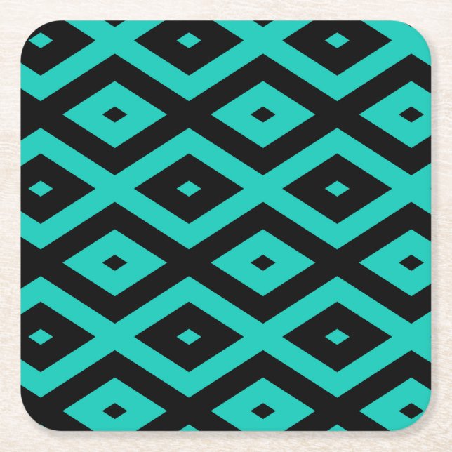 Turquoise and black diamond pattern square paper coaster (Front)