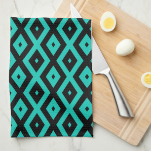 Turquoise and black diamond pattern tea towel