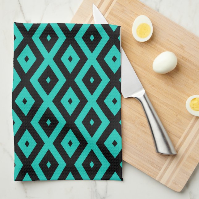 Turquoise and black diamond pattern tea towel (Quarter Fold)