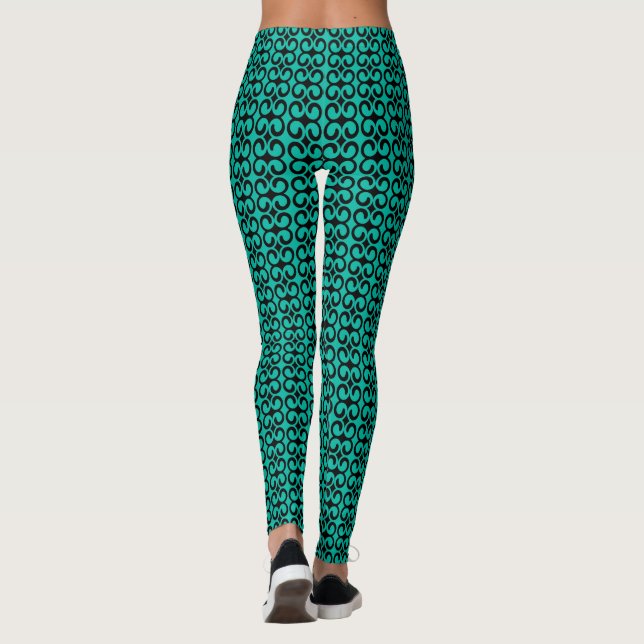 Turquoise and Black Elegant Pattern Leggings (Back)