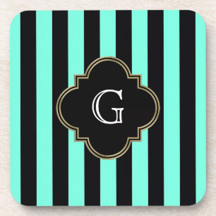 Turquoise and Black Stripes Pattern with Monogram Coaster